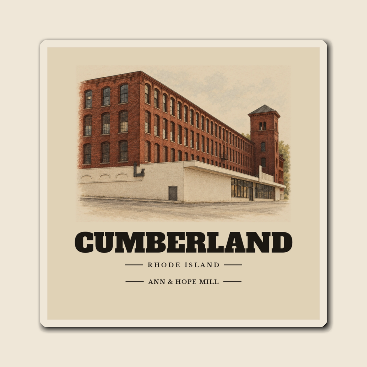 Cumberland Ann & Hope Mill engraved illustration on a 4 inch square vinyl magnet, cream display background
