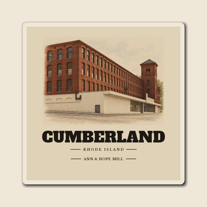 Cumberland Ann & Hope Mill engraved illustration on a 4 inch square vinyl magnet, cream display background