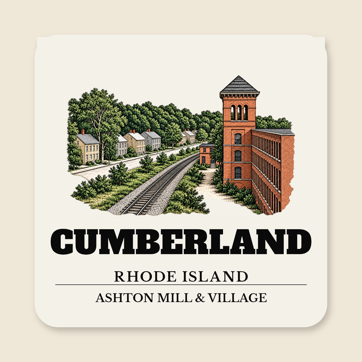 Cumberland Ashton Mill & Village engraved illustration on a 4 inch square vinyl magnet, cream display background