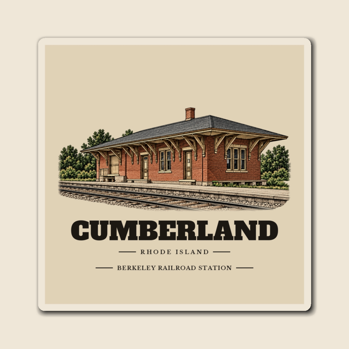 Cumberland Berkeley Railroad Station engraved illustration on a 4 inch square vinyl magnet, cream display background