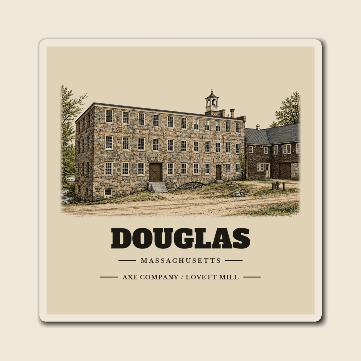 Douglas Axe Company / Lovett Mill engraved illustration on a 4 inch square vinyl magnet, cream display background