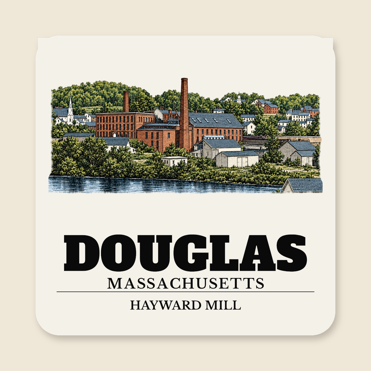 Douglas Hayward Mill engraved illustration on a 4 inch square vinyl magnet, cream display background