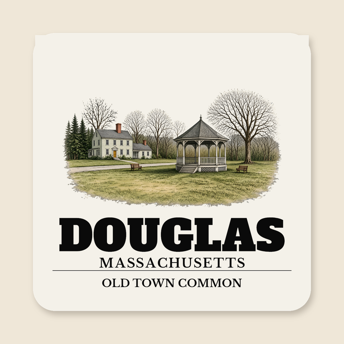 Douglas Old Town Common engraved illustration on a 4 inch square vinyl magnet, cream display background