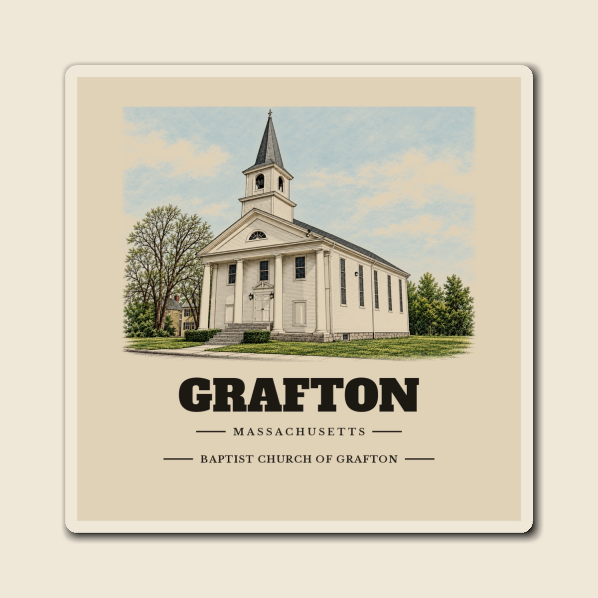Grafton Baptist Church of Grafton engraved illustration on a 4 inch square vinyl magnet, cream display background