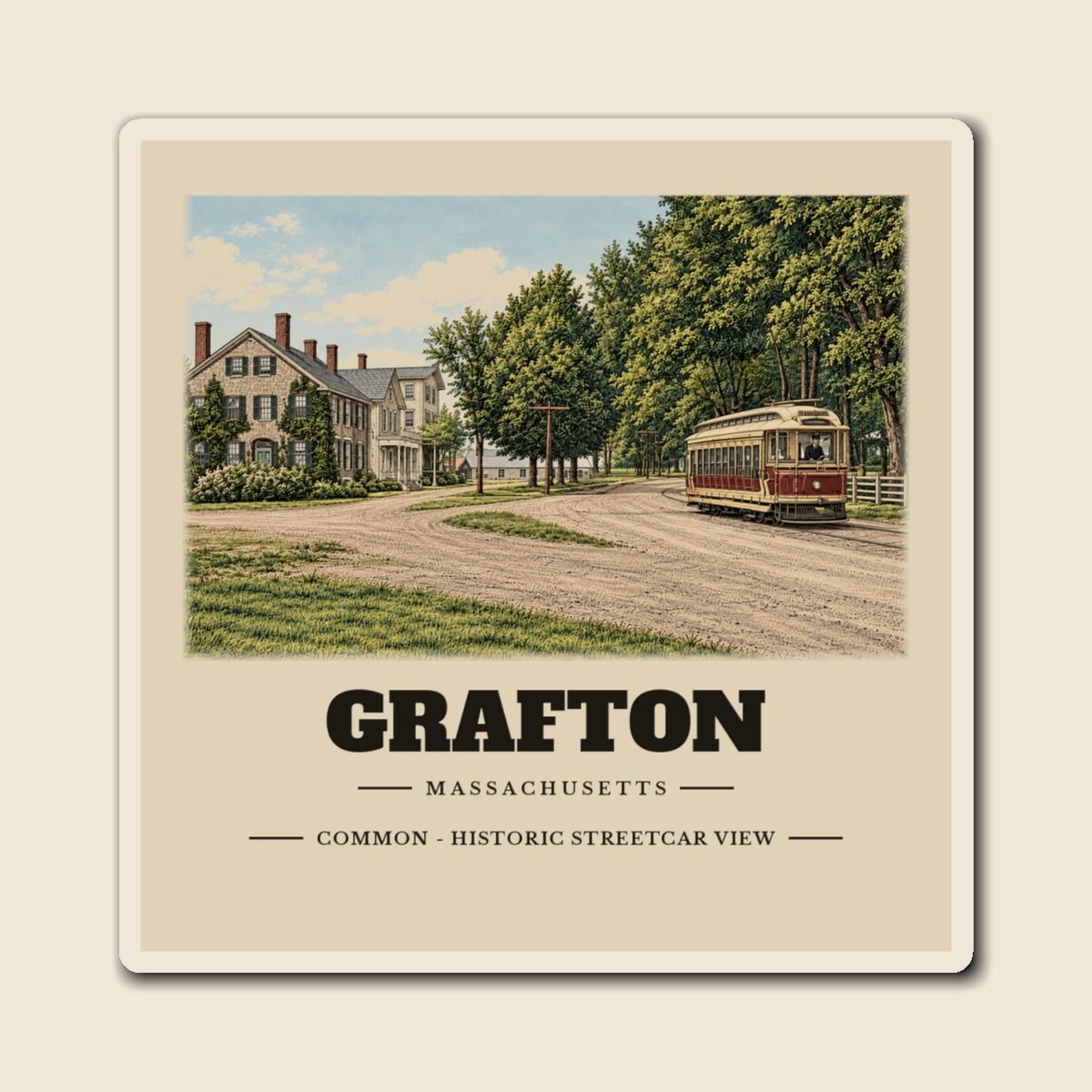 Grafton Common - Historic Streetcar View engraved illustration on a 4 inch square vinyl magnet, cream display background