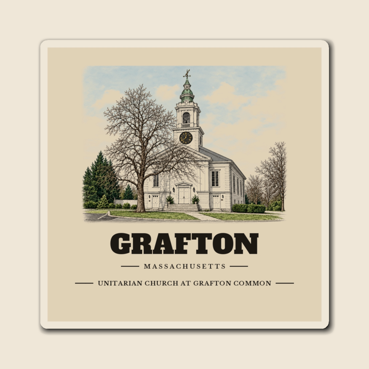 Grafton Unitarian Church at Grafton Common engraved illustration on a 4 inch square vinyl magnet, cream display background