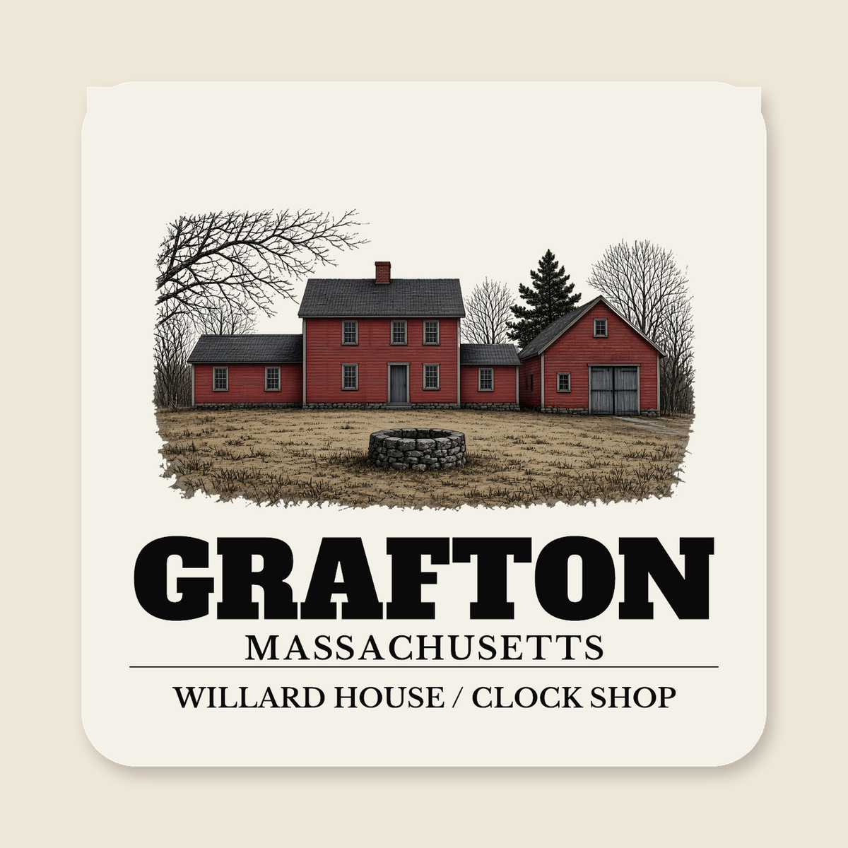 Grafton Willard House / Clock Shop engraved illustration on a 4 inch square vinyl magnet, cream display background