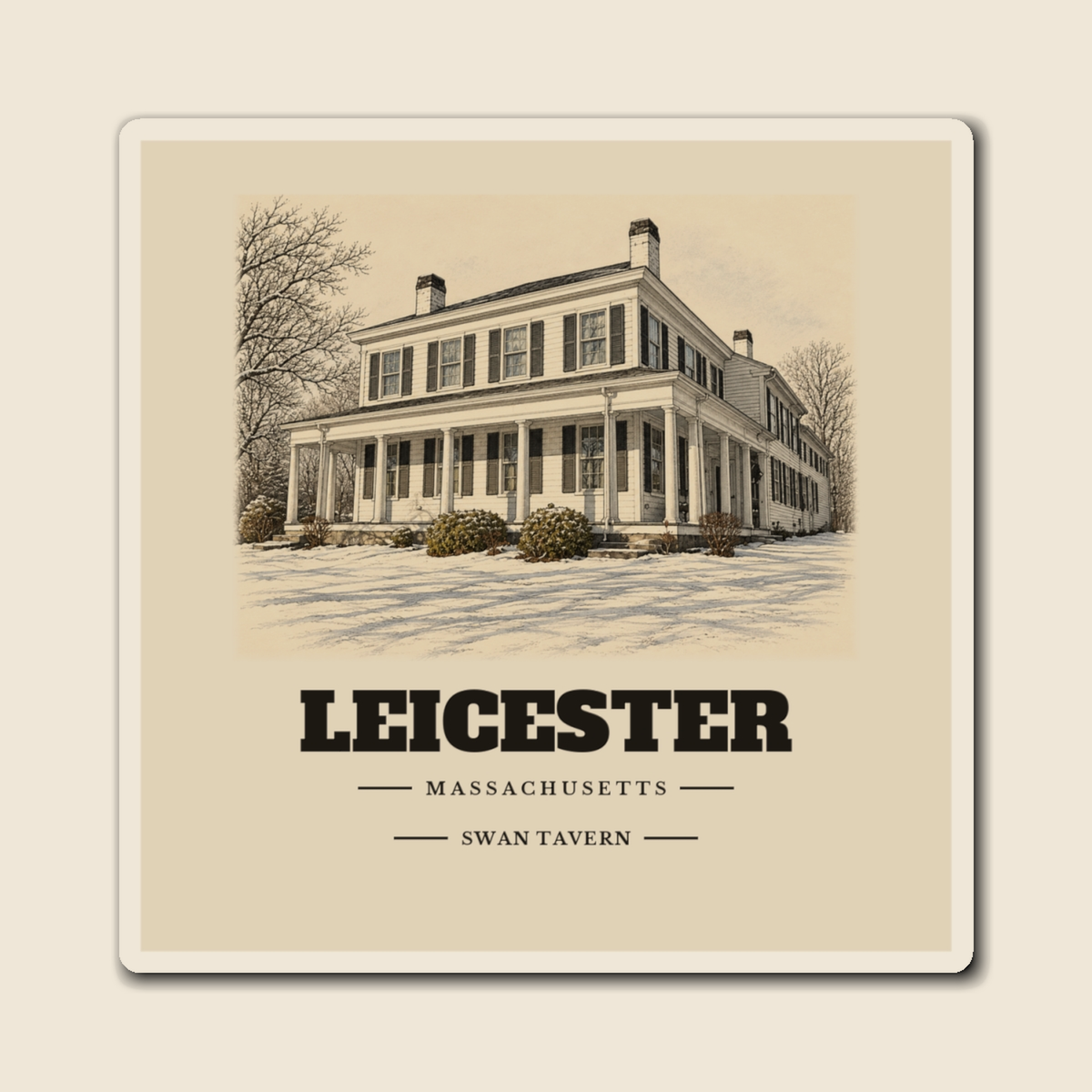 Leicester Swan Tavern engraved illustration on a 4 inch square vinyl magnet, cream display background