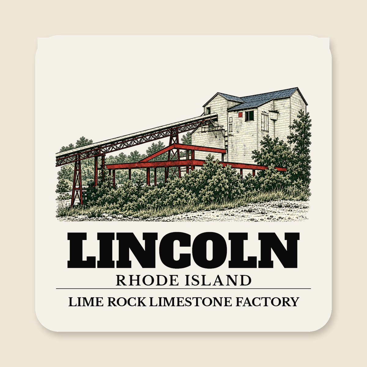 Lincoln Lime Rock Limestone Factory engraved illustration on a 4 inch square vinyl magnet, cream display background