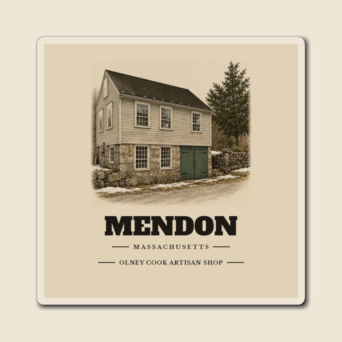 Mendon Olney Cook Artisan Shop engraved illustration on a 4 inch square vinyl magnet, cream display background