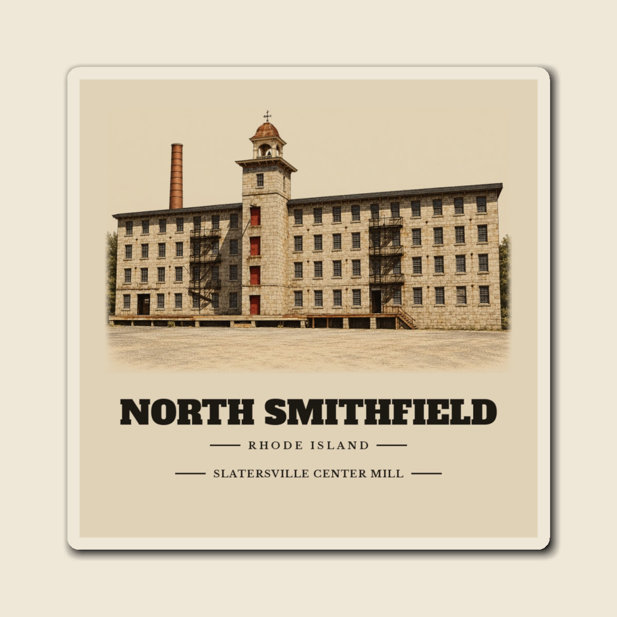 North Smithfield Slatersville Center Mill engraved illustration on a 4 inch square vinyl magnet, cream display background