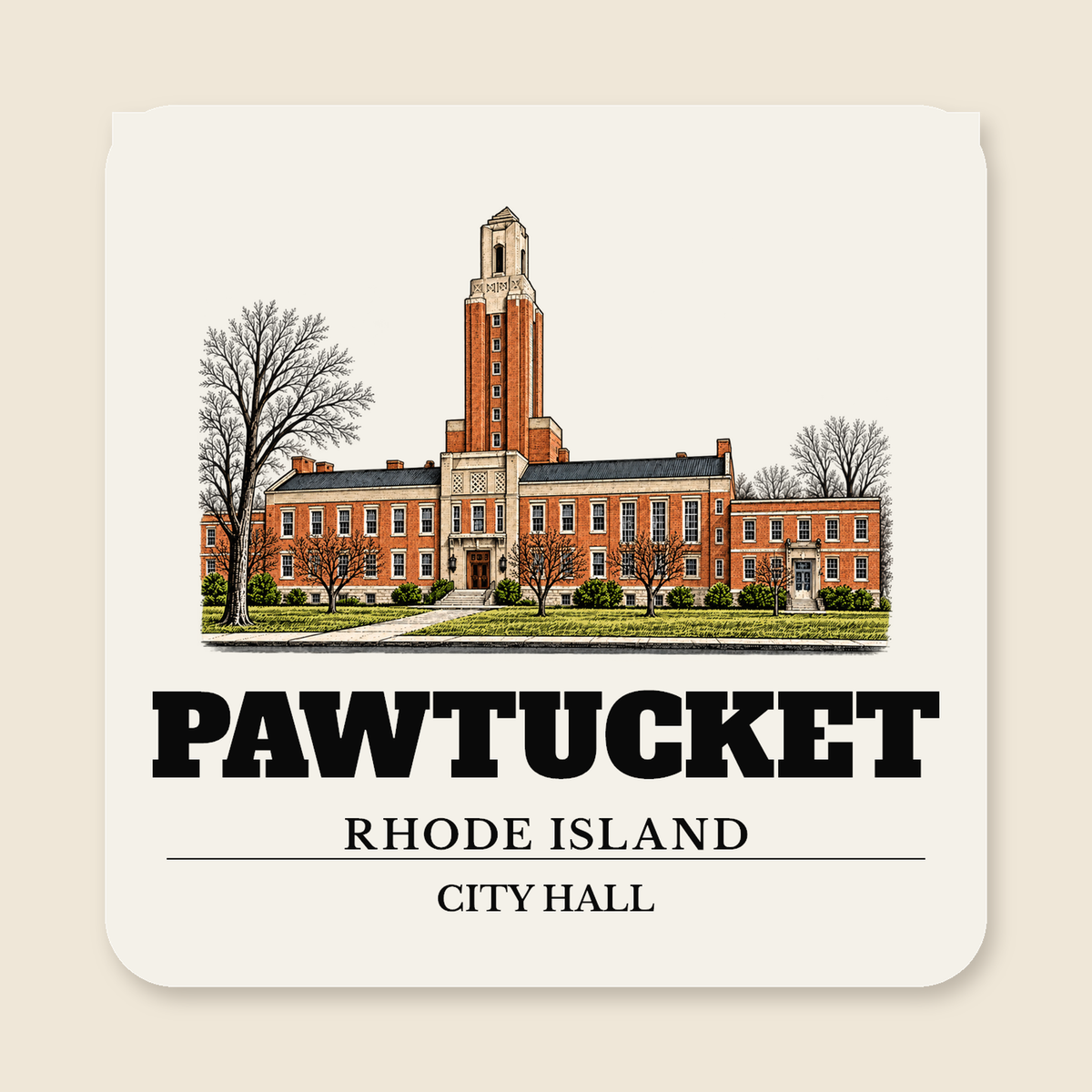 Pawtucket City Hall engraved illustration on a 4 inch square vinyl magnet, cream display background
