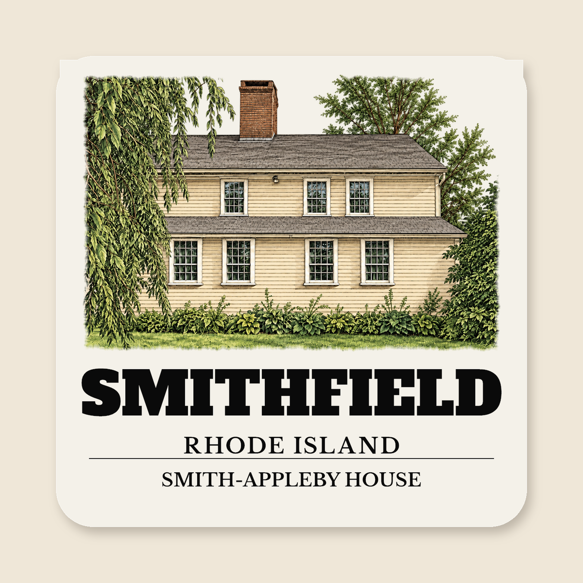 Smithfield Smith-Appleby House engraved illustration on a 4 inch square vinyl magnet, cream display background