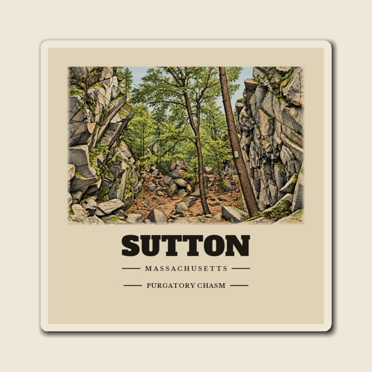 Sutton Purgatory Chasm engraved illustration on a 4 inch square vinyl magnet, cream display background