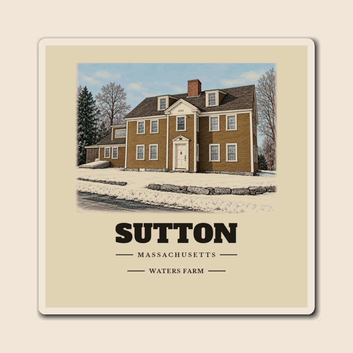 Sutton Waters Farm engraved illustration on a 4 inch square vinyl magnet, cream display background