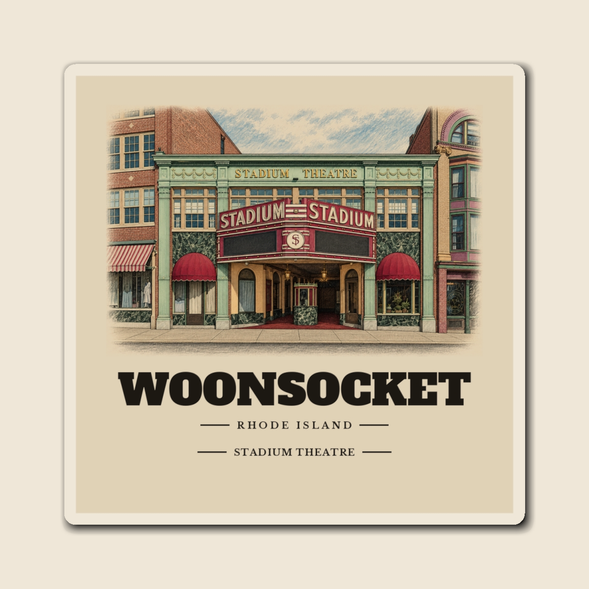 Woonsocket Stadium Theatre engraved illustration on a 4 inch square vinyl magnet, cream display background