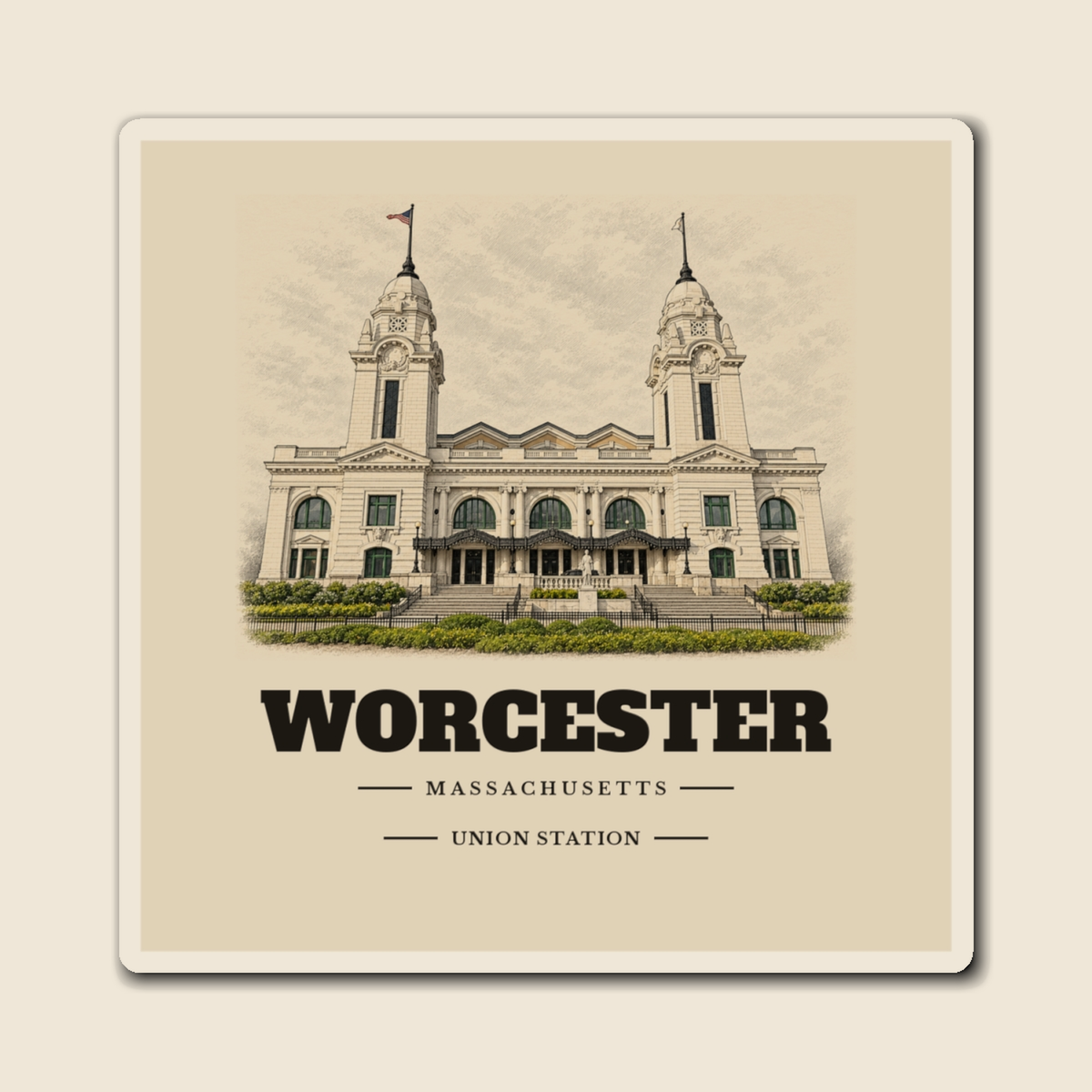 Worcester Union Station engraved illustration on a 4 inch square vinyl magnet, cream display background