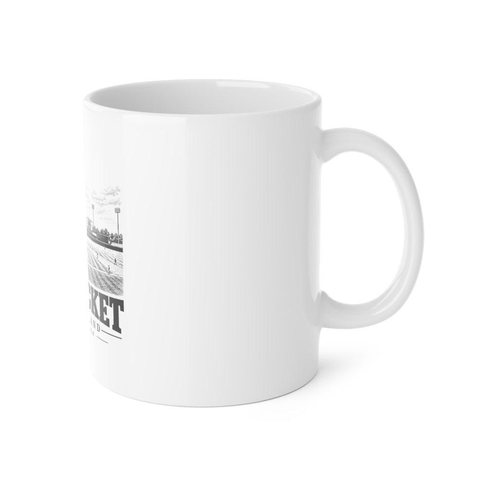 Pawtucket McCoy Stadium white 11-ounce ceramic mug, angled side view showing handle and artwork placement