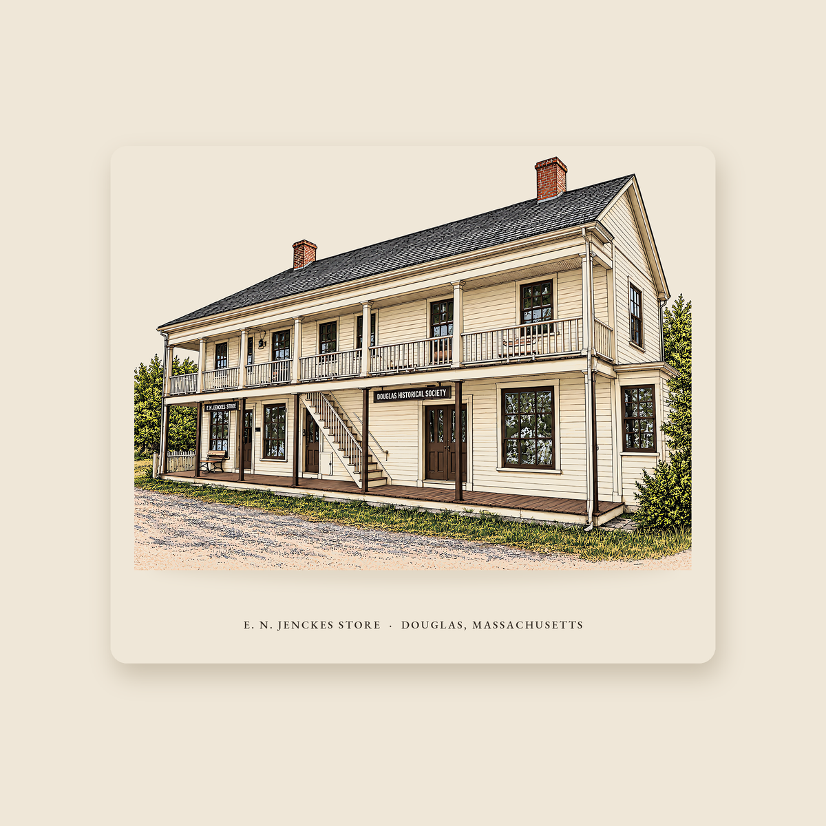 Douglas E. N. Jenckes Store illustrated mouse pad with the caption E. N. JENCKES STORE · DOUGLAS, MASSACHUSETTS, shown on a cream background