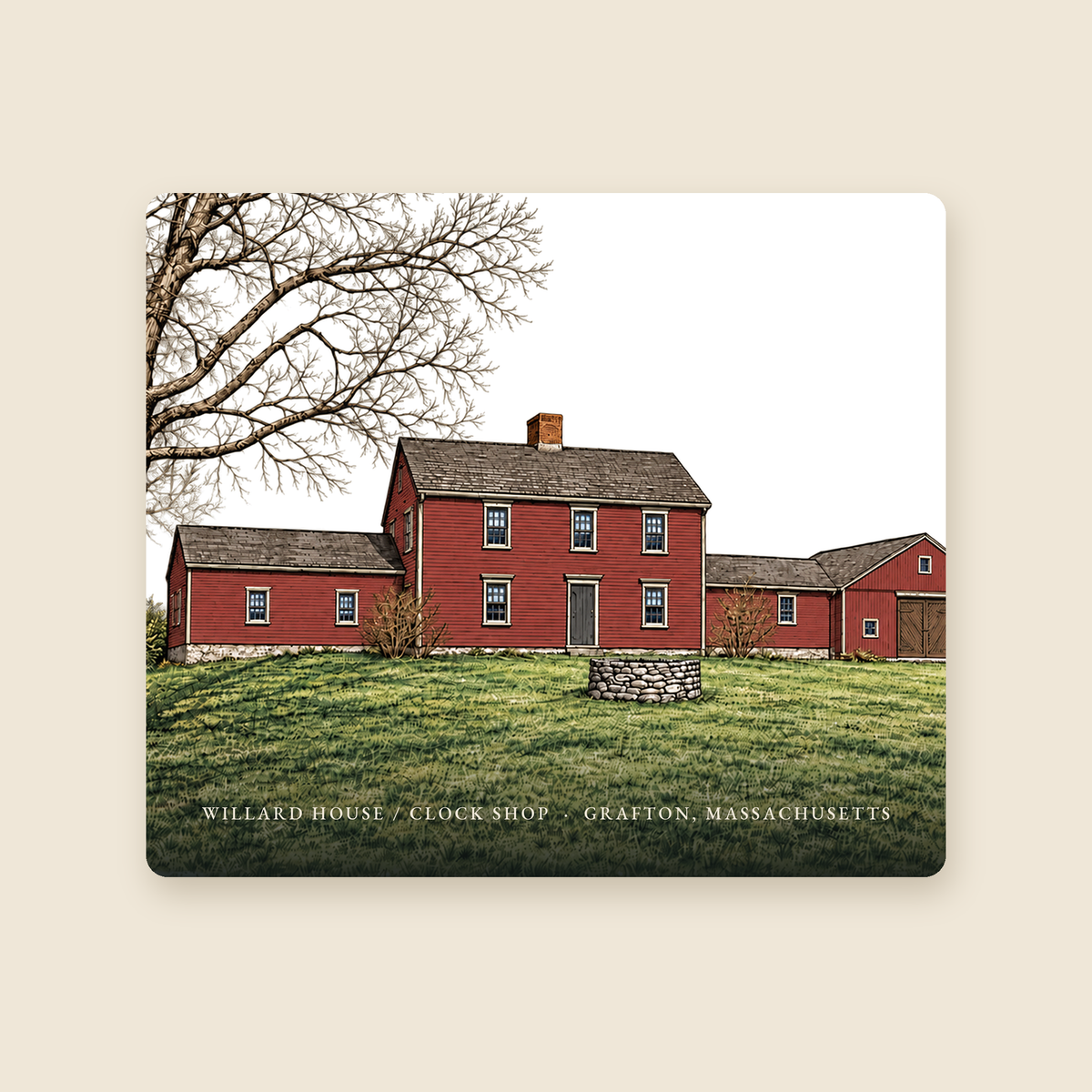 Grafton Willard House / Clock Shop illustrated mouse pad with the caption WILLARD HOUSE / CLOCK SHOP · GRAFTON, MASSACHUSETTS, shown on a cream background