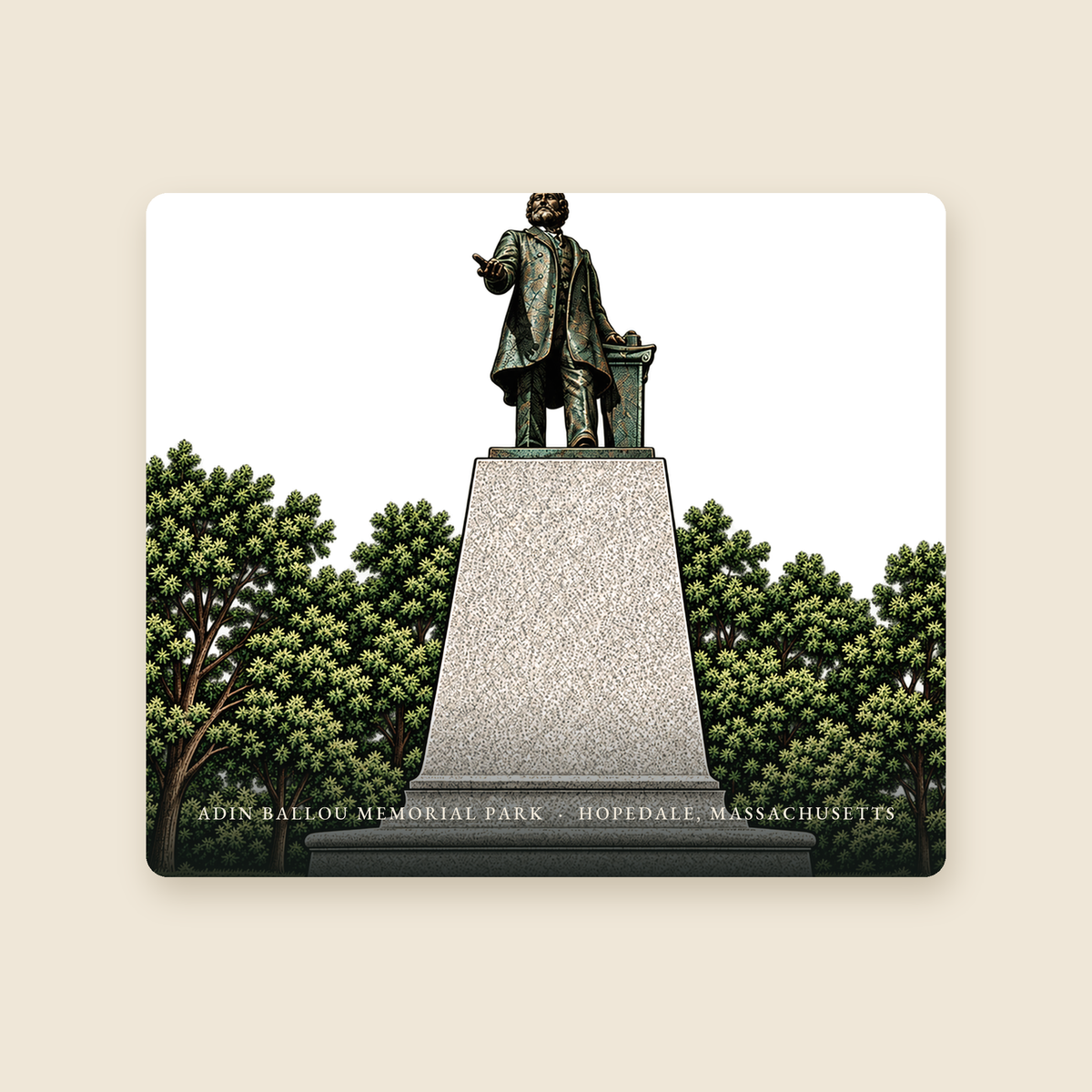 Hopedale Adin Ballou Memorial Statue and Park illustrated mouse pad with the caption ADIN BALLOU MEMORIAL PARK · HOPEDALE, MASSACHUSETTS, shown on a cream background
