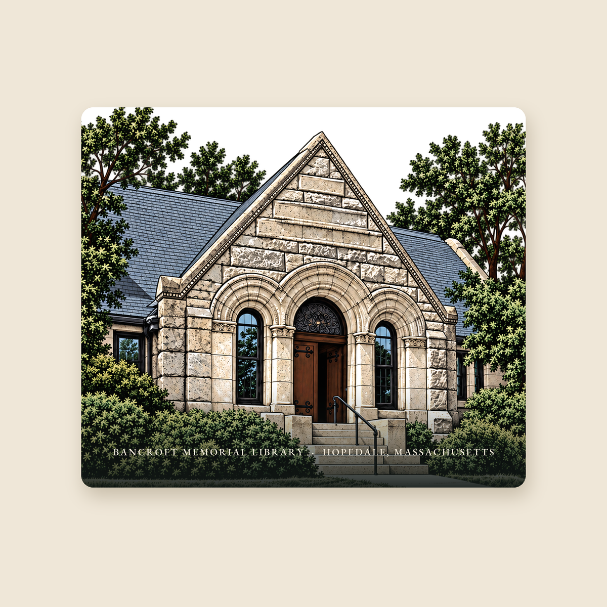 Hopedale Bancroft Memorial Library illustrated mouse pad with the caption BANCROFT MEMORIAL LIBRARY · HOPEDALE, MASSACHUSETTS, shown on a cream background