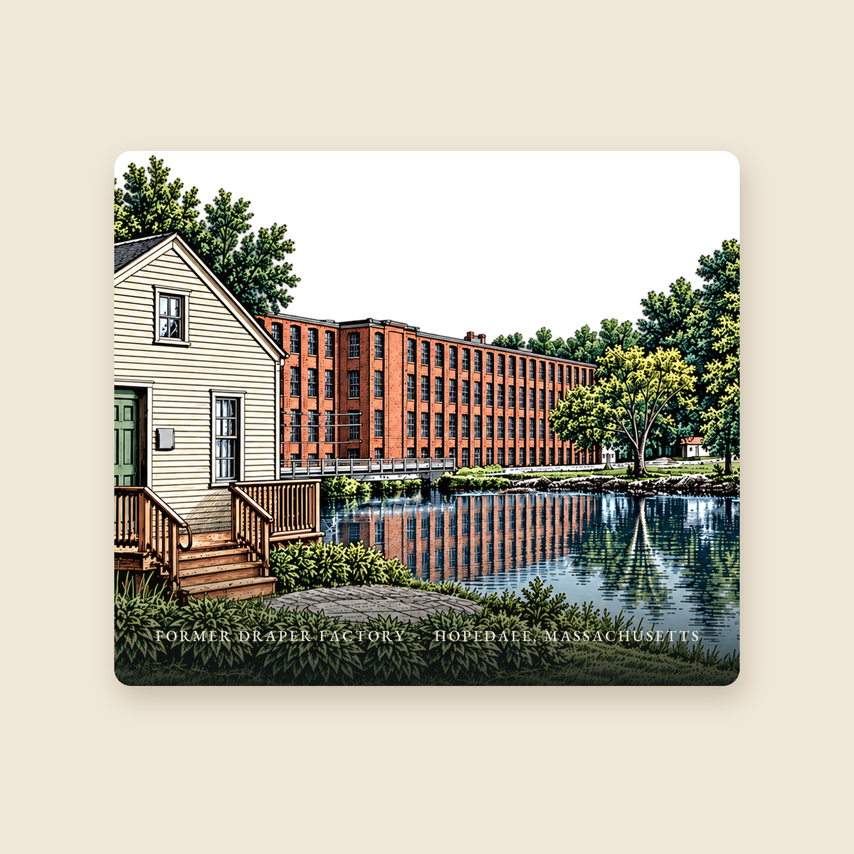 Hopedale Former Draper Factory illustrated mouse pad with the caption FORMER DRAPER FACTORY · HOPEDALE, MASSACHUSETTS, shown on a cream background