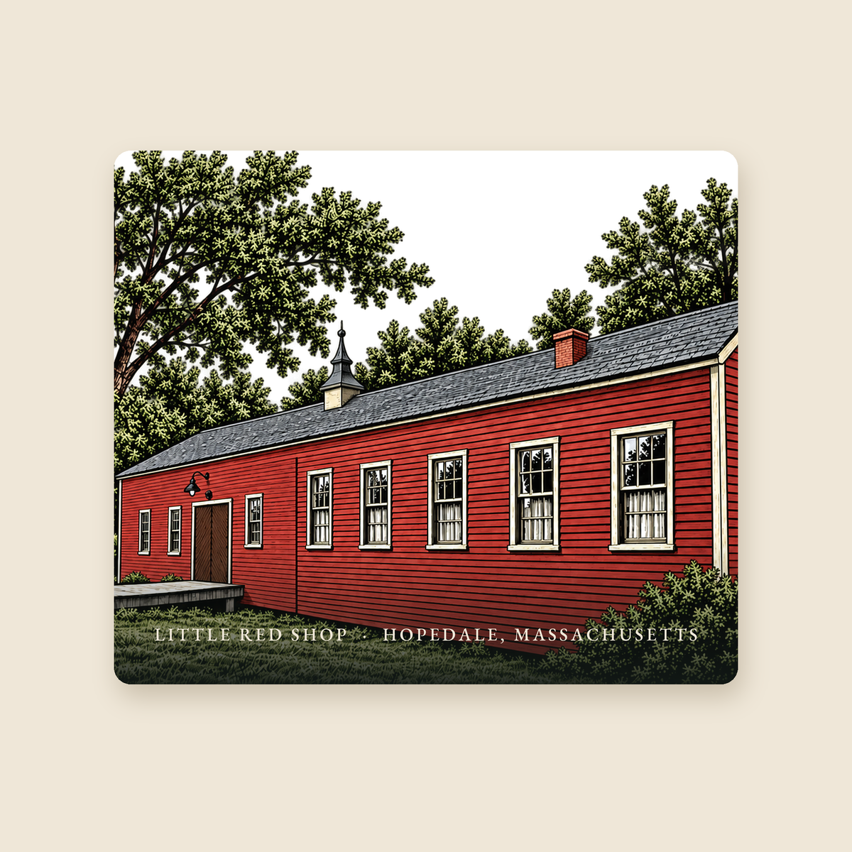 Hopedale Little Red Shop illustrated mouse pad with the caption LITTLE RED SHOP · HOPEDALE, MASSACHUSETTS, shown on a cream background