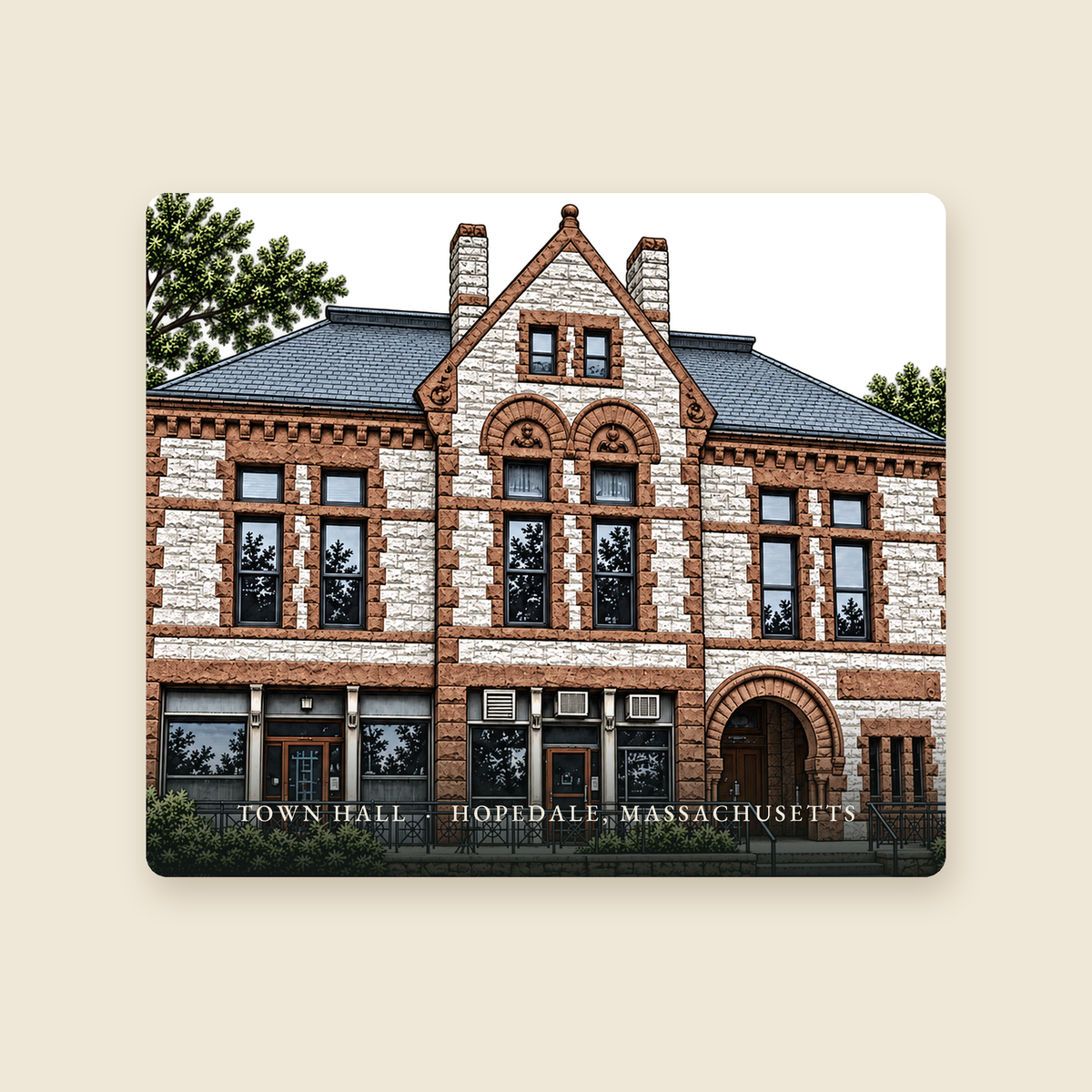 Hopedale Town Hall illustrated mouse pad with the caption TOWN HALL · HOPEDALE, MASSACHUSETTS, shown on a cream background