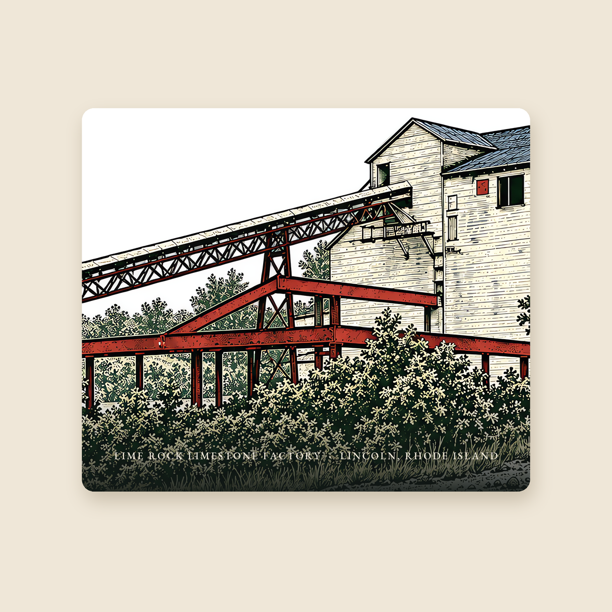 Lincoln Lime Rock Limestone Factory illustrated mouse pad with the caption LIME ROCK LIMESTONE FACTORY · LINCOLN, RHODE ISLAND, shown on a cream background
