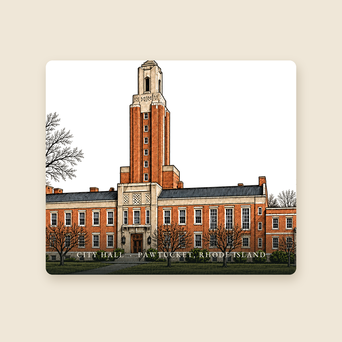 Pawtucket City Hall illustrated mouse pad with the caption CITY HALL · PAWTUCKET, RHODE ISLAND, shown on a cream background
