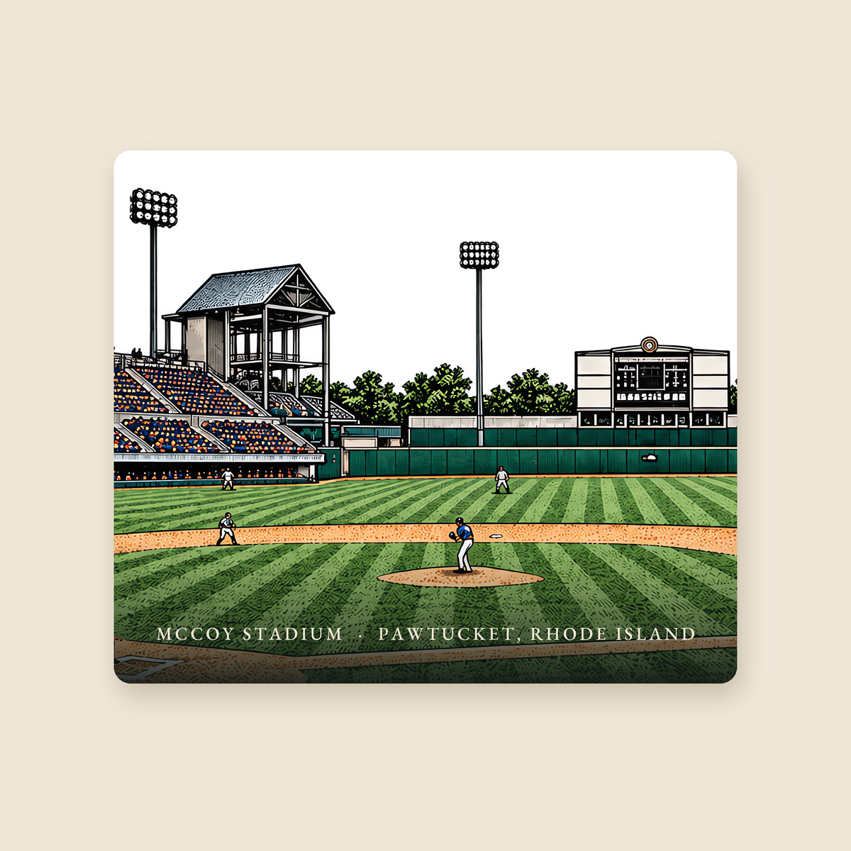 Pawtucket McCoy Stadium illustrated mouse pad with the caption MCCOY STADIUM · PAWTUCKET, RHODE ISLAND, shown on a cream background