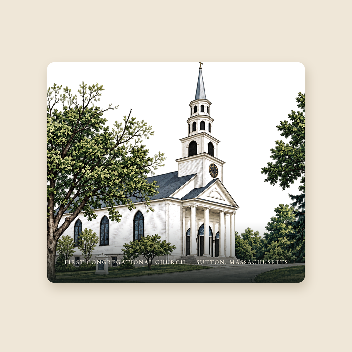 Sutton First Congregational Church illustrated mouse pad with the caption FIRST CONGREGATIONAL CHURCH · SUTTON, MASSACHUSETTS, shown on a cream background