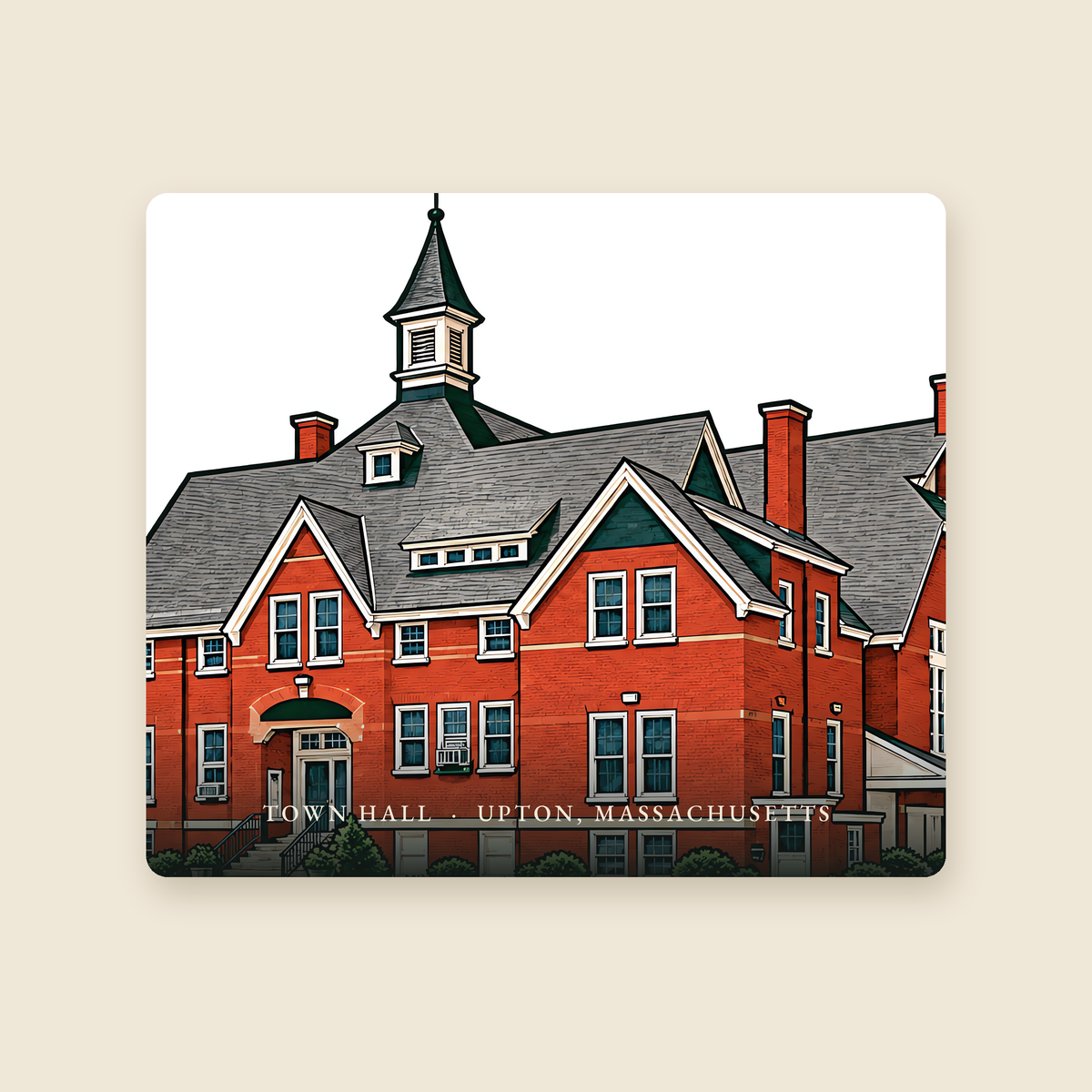 Upton Town Hall illustrated mouse pad with the caption TOWN HALL · UPTON, MASSACHUSETTS, shown on a cream background