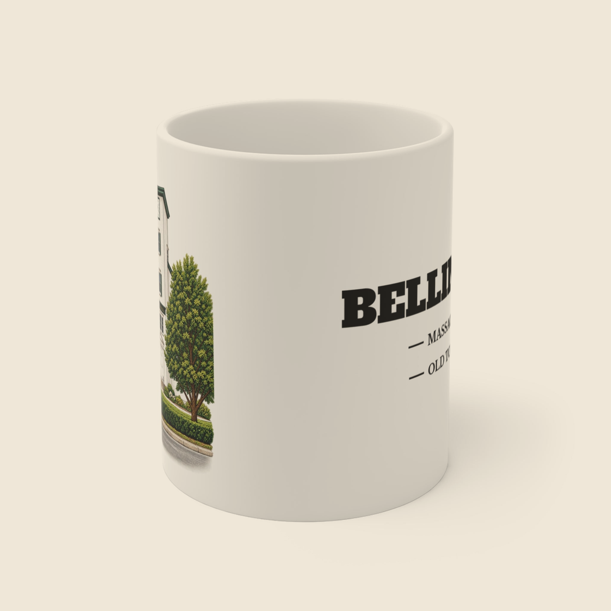 Bellingham Old Town Hall colored engraving on an 11 oz white ceramic mug, cream display background