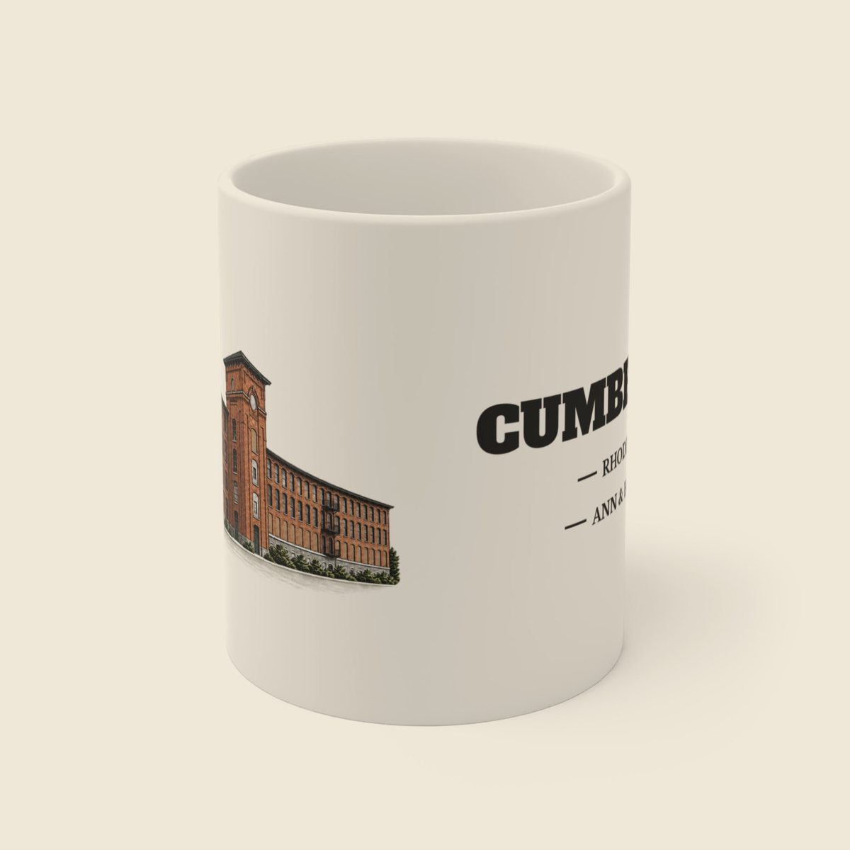 Cumberland Ann & Hope Mill colored engraving on an 11 oz white ceramic mug, cream display background