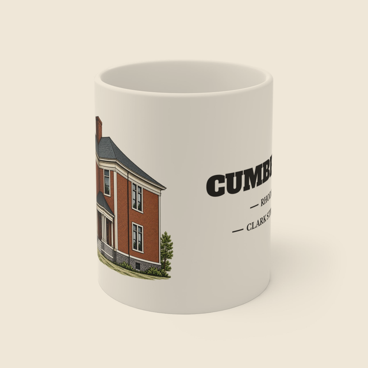 Cumberland Clark Street School colored engraving on an 11 oz white ceramic mug, cream display background