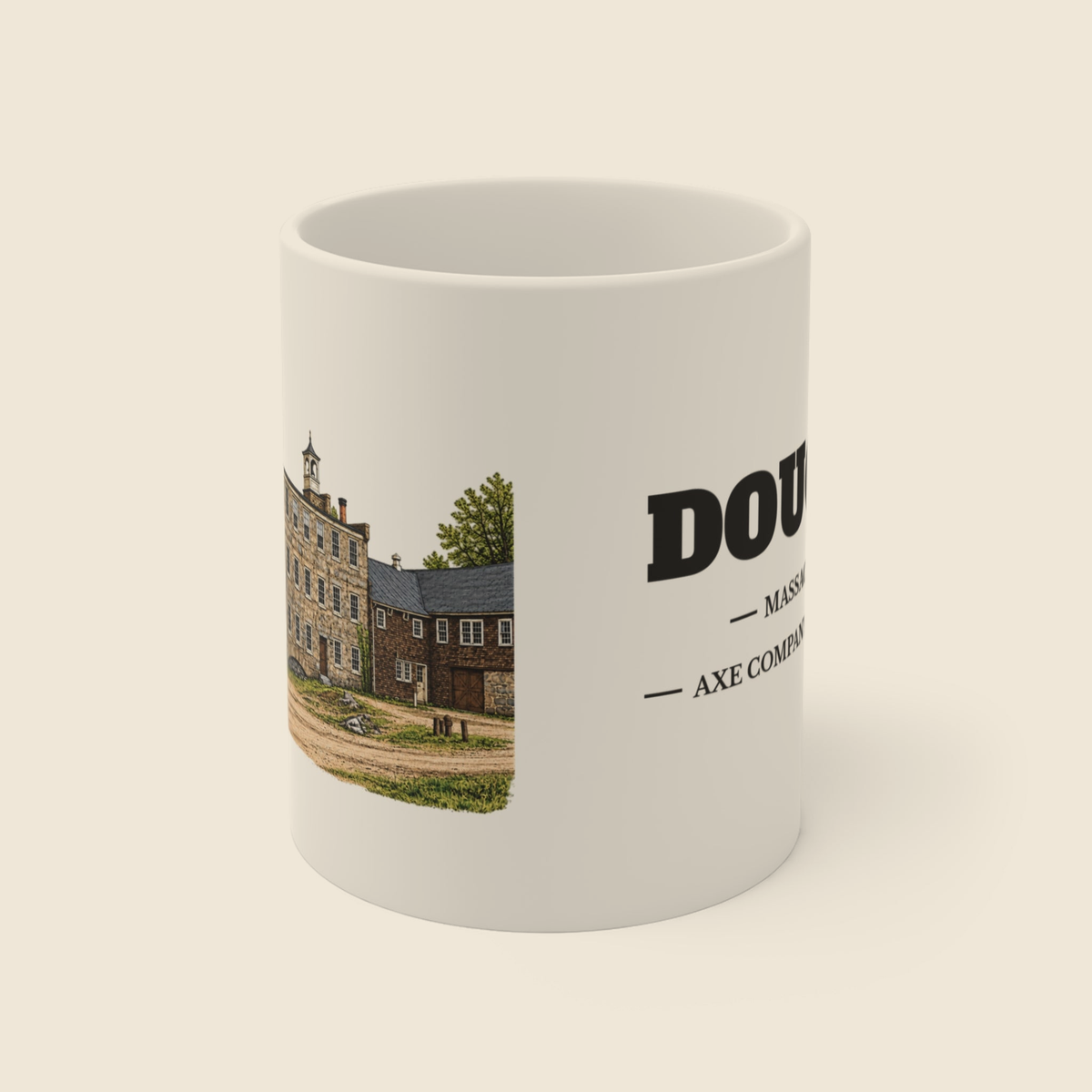 Douglas Axe Company / Lovett Mill colored engraving on an 11 oz white ceramic mug, cream display background