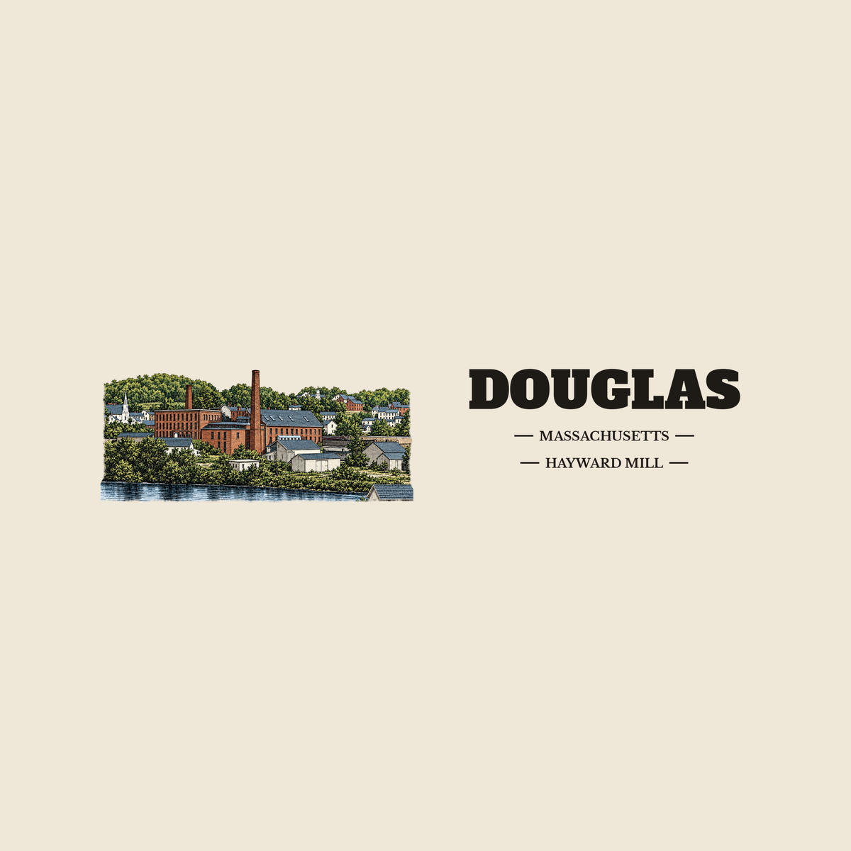 Douglas Hayward Mill colored engraving on an 11 oz white ceramic mug, cream display background