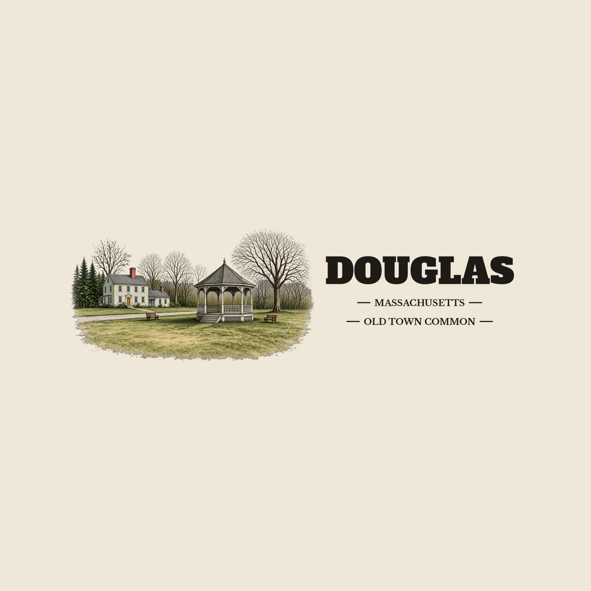 Douglas Old Town Common colored engraving on an 11 oz white ceramic mug, cream display background