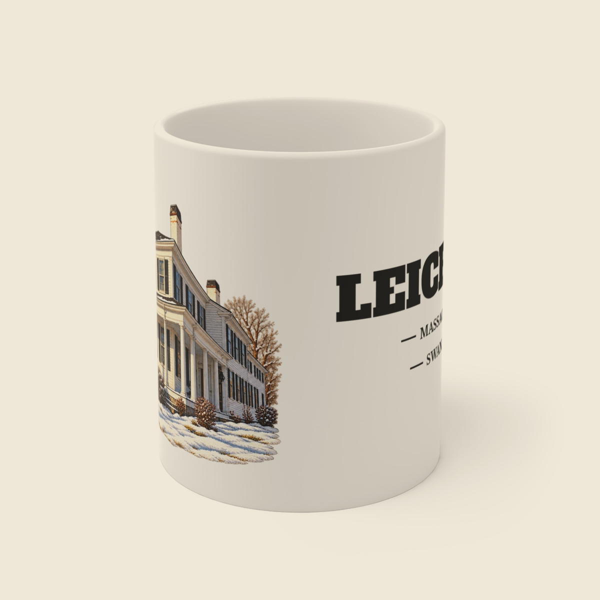 Leicester Swan Tavern colored engraving on an 11 oz white ceramic mug, cream display background