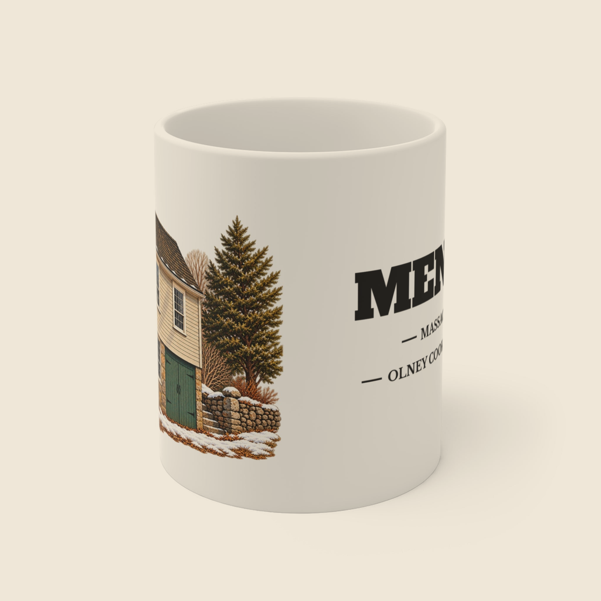 Mendon Olney Cook Artisan Shop colored engraving on an 11 oz white ceramic mug, cream display background