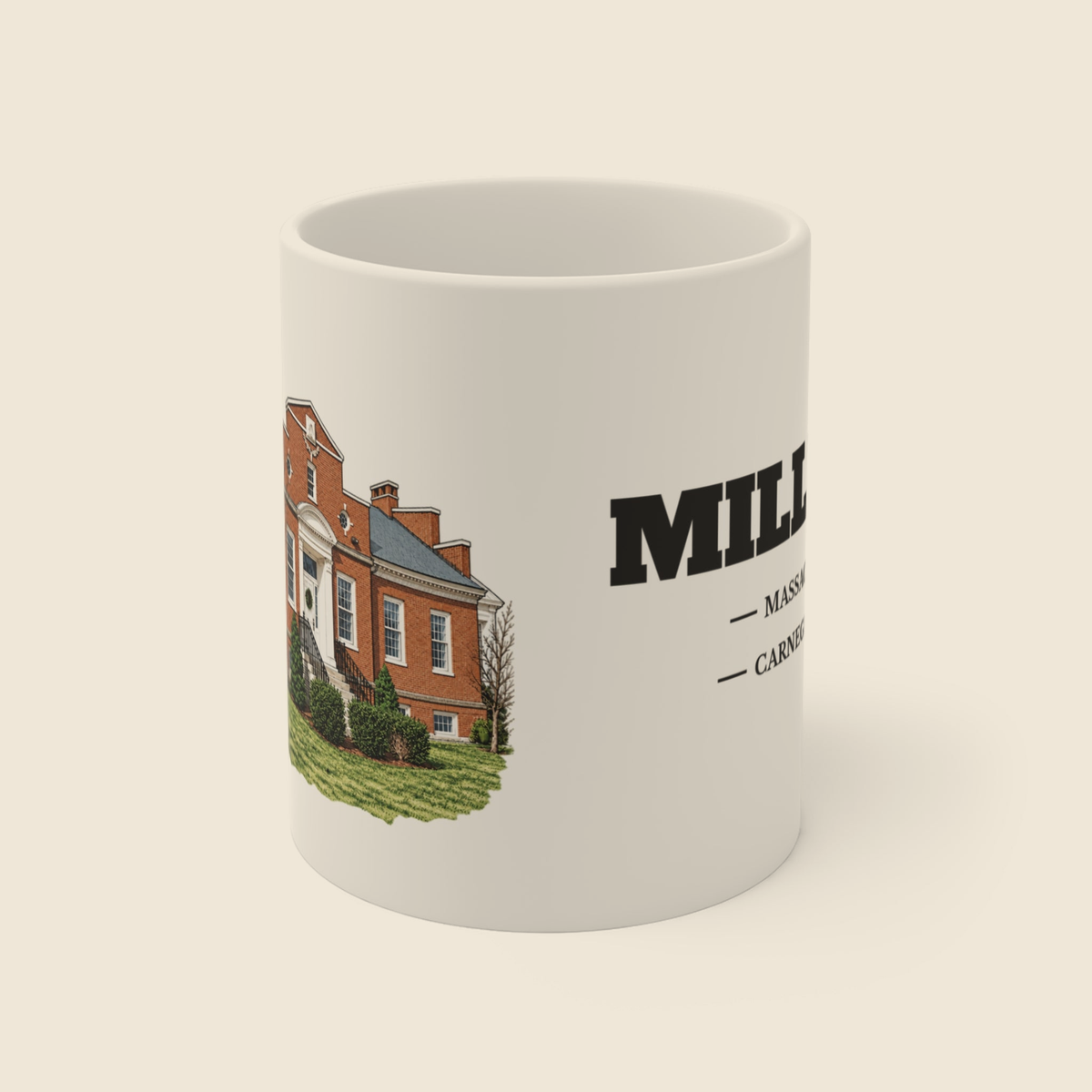 Millbury Carnegie Library colored engraving on an 11 oz white ceramic mug, cream display background