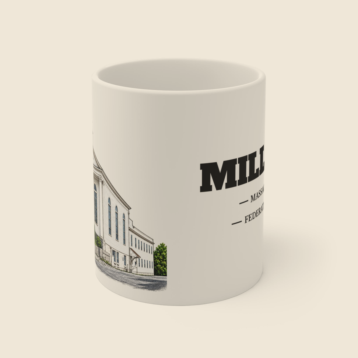 Millbury Federated Church / First Presbyterian Meeting House colored engraving on an 11 oz white ceramic mug, cream display background