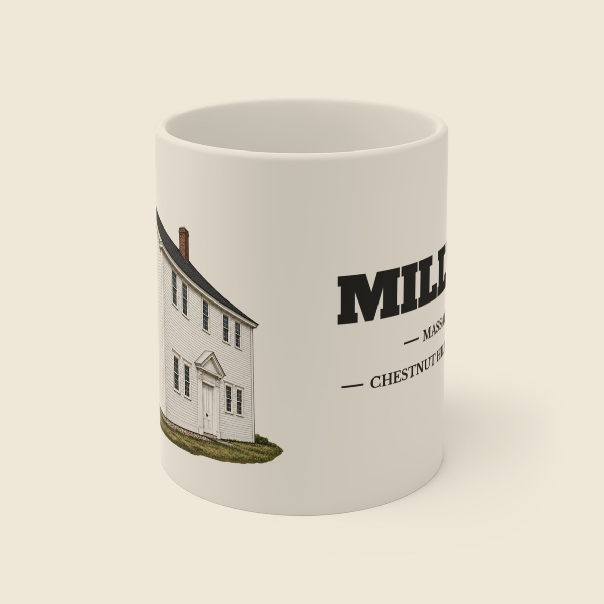 Millville Chestnut Hill Meetinghouse colored engraving on an 11 oz white ceramic mug, cream display background