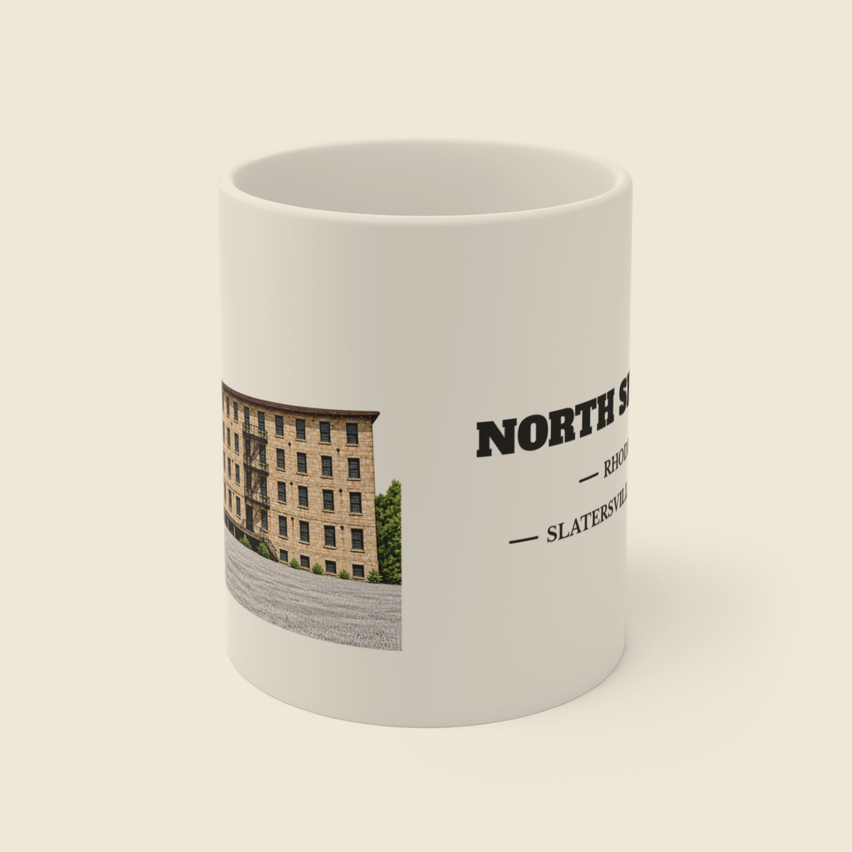 North Smithfield Slatersville Center Mill colored engraving on an 11 oz white ceramic mug, cream display background