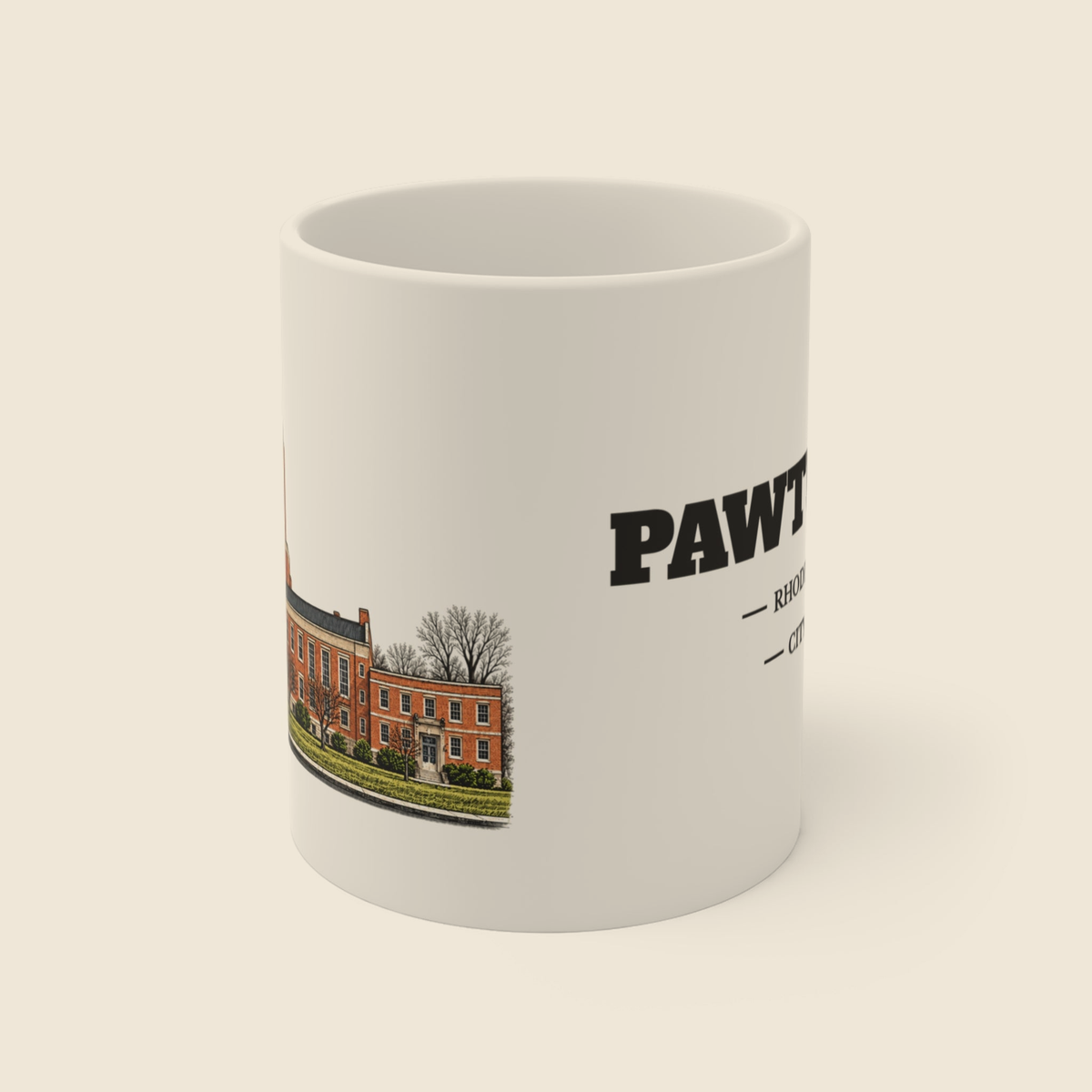Pawtucket City Hall colored engraving on an 11 oz white ceramic mug, cream display background