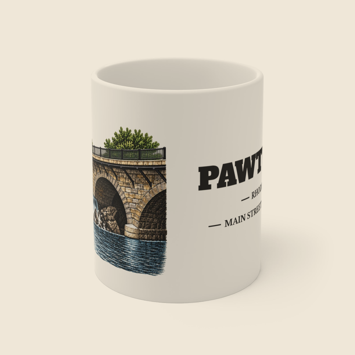 Pawtucket Main Street Stone-Arch Bridge and Falls colored engraving on an 11 oz white ceramic mug, cream display background
