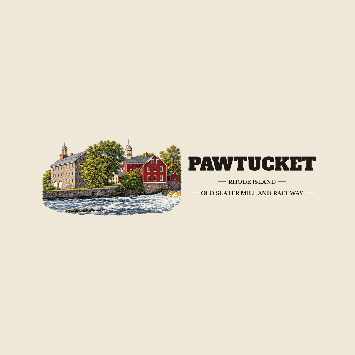 Pawtucket Old Slater Mill and Raceway colored engraving on an 11 oz white ceramic mug, cream display background