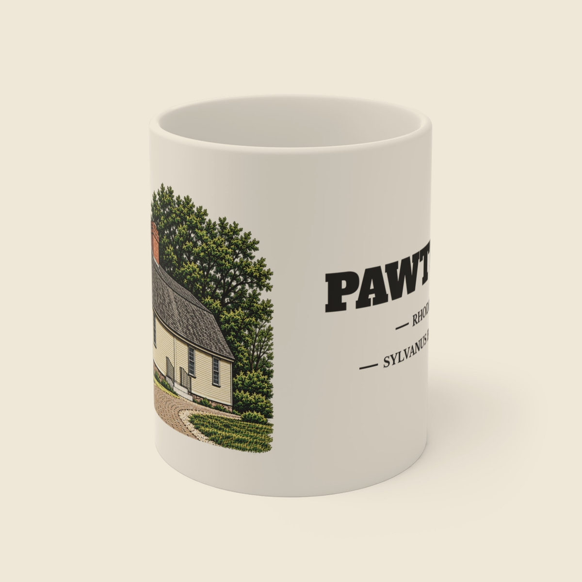 Pawtucket Sylvanus Brown House colored engraving on an 11 oz white ceramic mug, cream display background